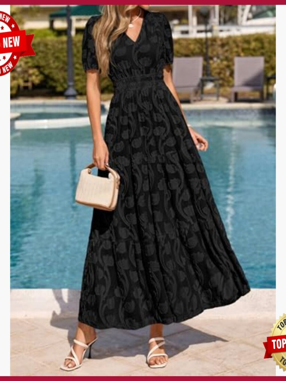 Boho Maxi Dress V-Neck Short Sleeve Elastic Waist Floral Long Casual - Picture 2 of 7